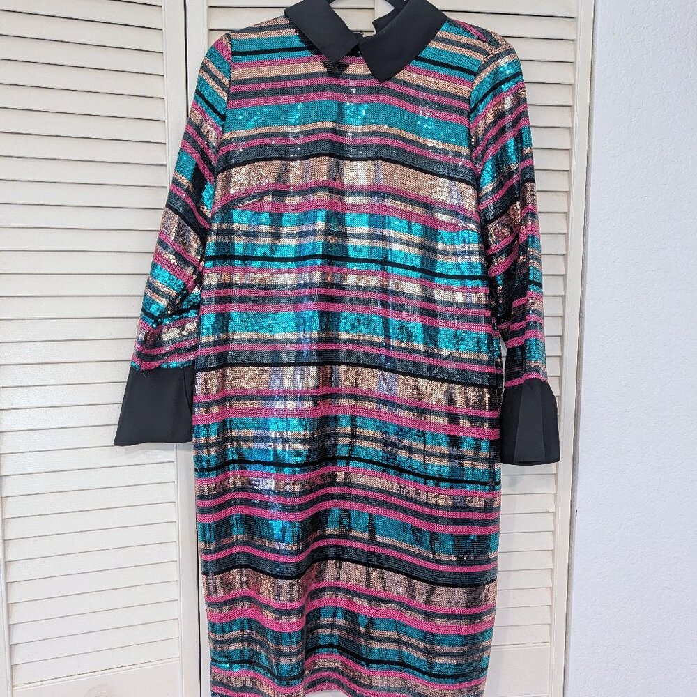 Eloquii Striped Sequin dress with satin collar and wrists